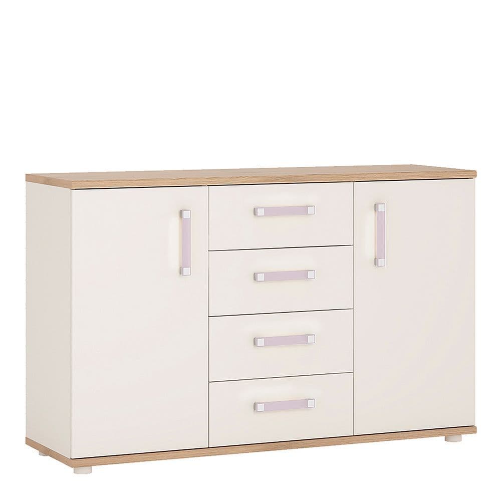 Kinder 2 Door 4 Drawer Sideboard in Light Oak and white High Gloss (lilac handles)